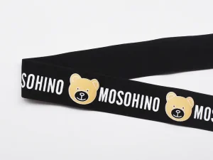 Black custom elastic band with jacquard cartoon bear logo and brand text