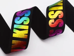Black custom elastic band with rainbow metallic foil printing